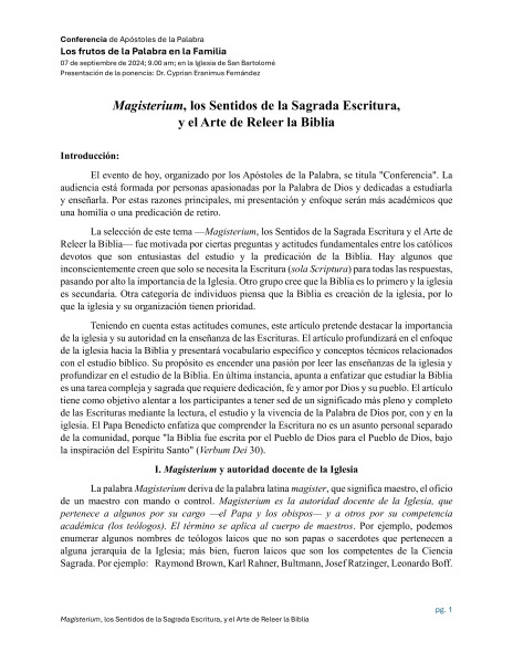 Magisterium, los Sentidos de la Sagrada Escritura, y el Arte de Releer la Biblia - ES